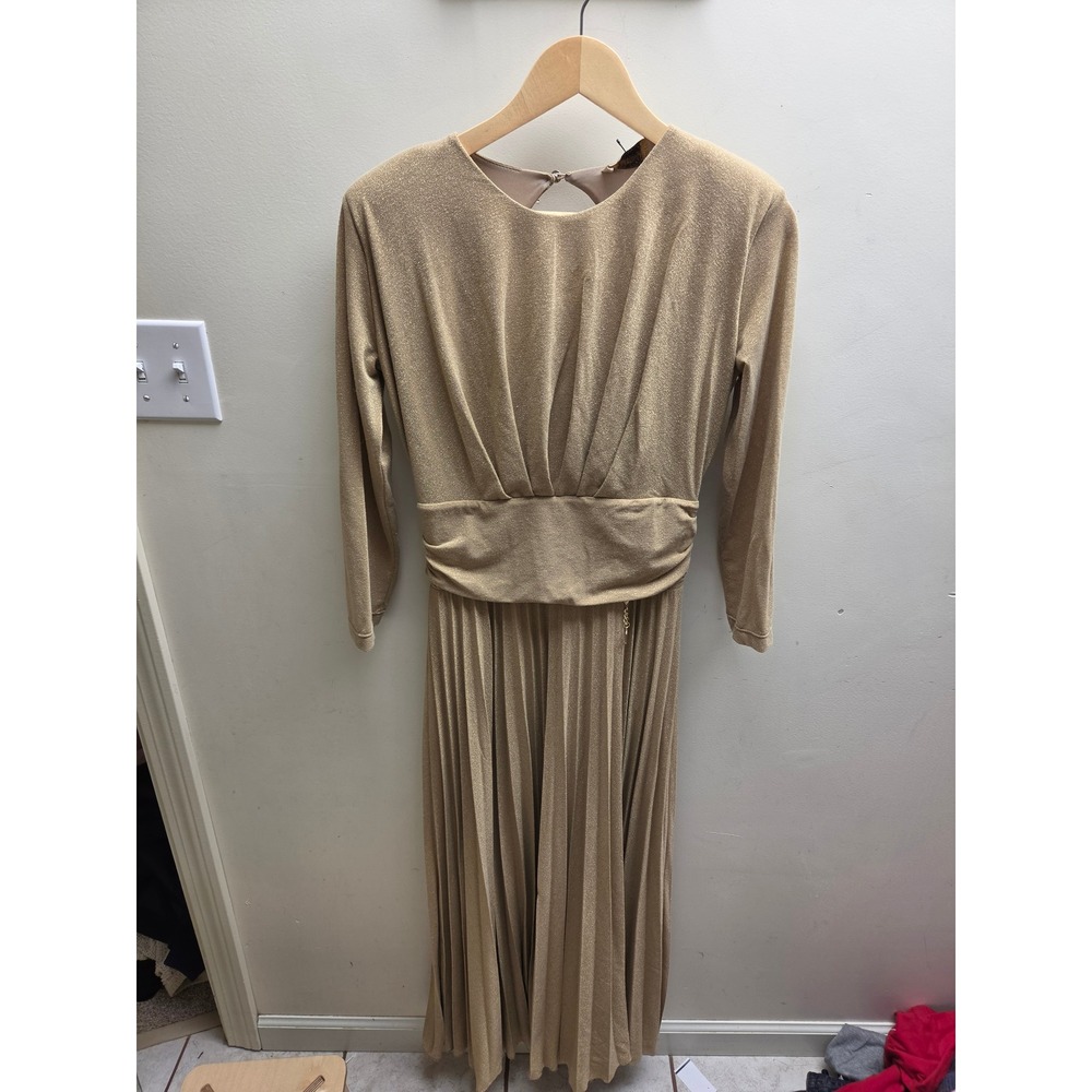 Fracomina Gold Metallic Pleated Maxi Dress Long Sleeve Open Back Champagne Gold